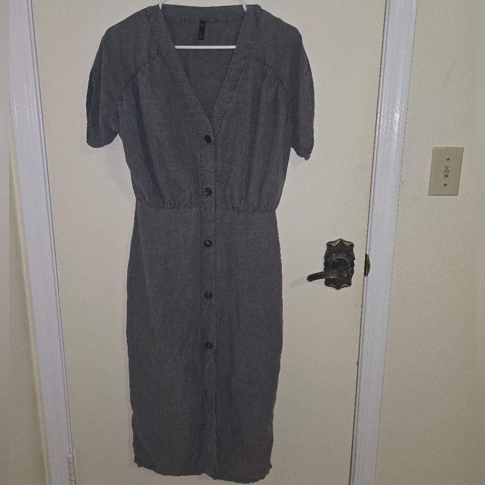 Zara Gray Button-Down Linen Blend Midi Dress Size: XS